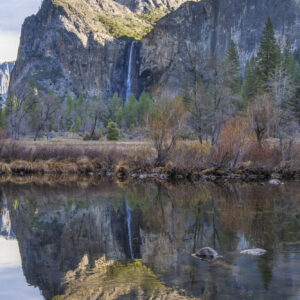 Yosemite Bridalveil Falls reflecting in the Merced river in late fall